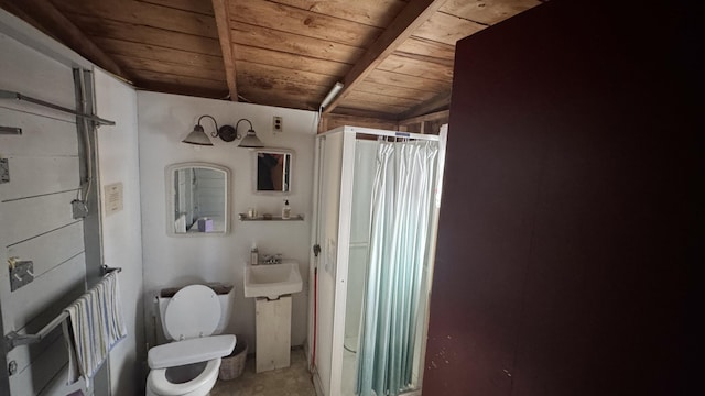 full bathroom with a shower with shower curtain, toilet, wooden ceiling, and beamed ceiling