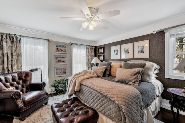 13 Old Colony Way, Provincetown, MA 02657 - bedroom with baseboards, wood finished floors, crown molding, and a ceiling fan