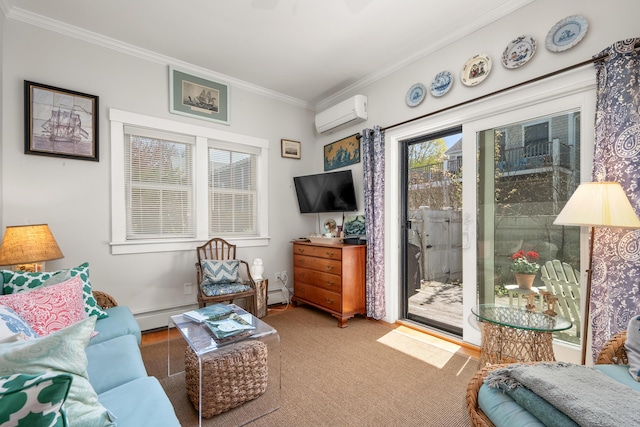 living area with crown molding, a wall mounted AC, carpet, and a baseboard radiator