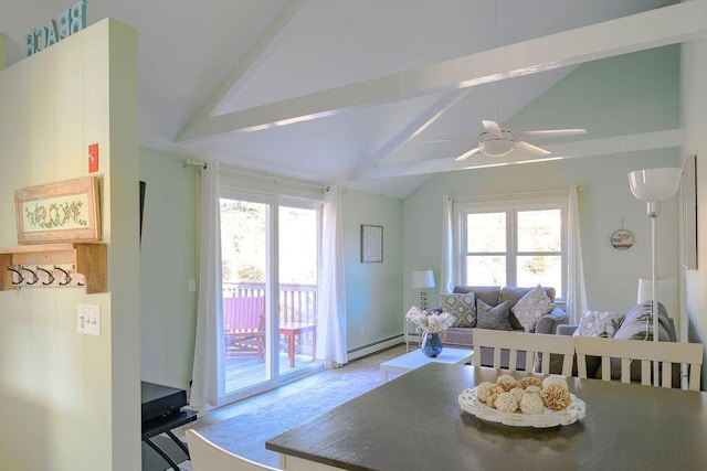 living room with ceiling fan, lofted ceiling with beams, a baseboard heating unit, and a wealth of natural light