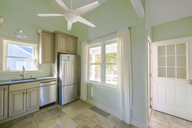 kitchen featuring sink, ceiling fan, appliances with stainless steel finishes, and light brown cabinets