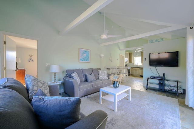 tiled living room featuring beam ceiling, high vaulted ceiling, and ceiling fan