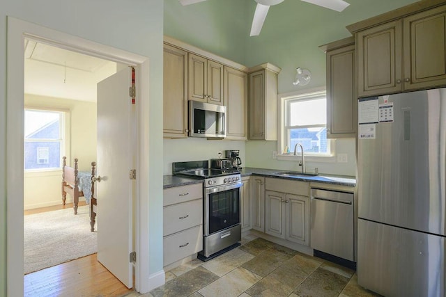 kitchen featuring sink, light colored carpet, ceiling fan, and stainless steel appliances