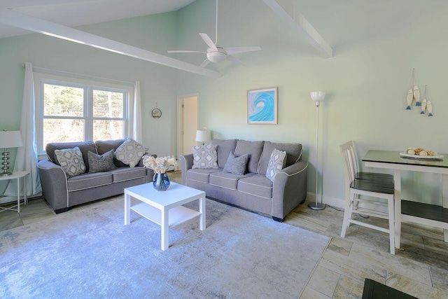 living room with ceiling fan, high vaulted ceiling, and beam ceiling