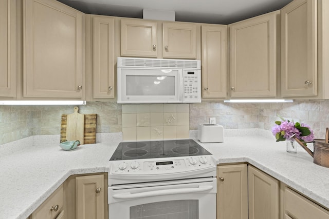 18 W Rd Unit 315, Orleans, MA 02653 - kitchen featuring white appliances, backsplash, and light brown cabinetry