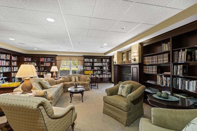 18 W Rd Unit 315, Orleans, MA 02653 - living area with bookshelves, carpet flooring, and a paneled ceiling