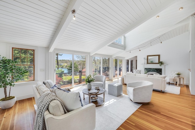 sunroom featuring a water view, wood finished floors, a skylight, baseboards, and wood ceiling