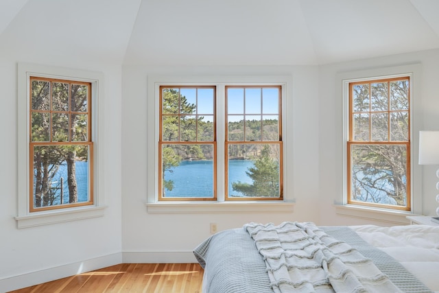 bedroom with vaulted ceiling, baseboards, and wood finished floors