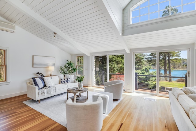 living room with wood finished floors, a water view, baseboards, and wooden ceiling