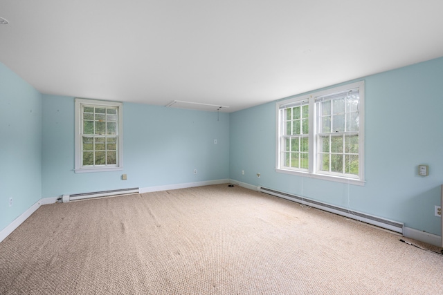 carpeted empty room with a baseboard radiator