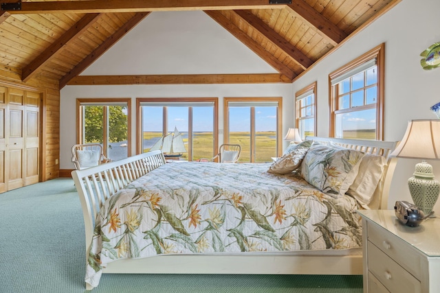7 Sunrise Ln, Sandwich, MA 02563 - carpeted bedroom featuring access to exterior, wooden ceiling with exposed beams, baseboards, and high vaulted ceiling