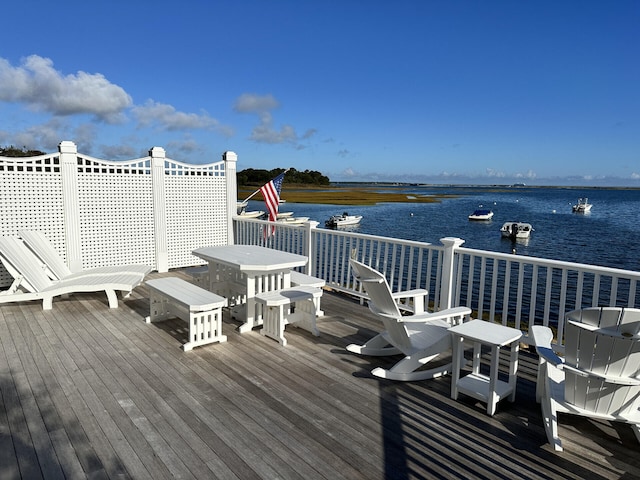 wooden deck featuring a water view