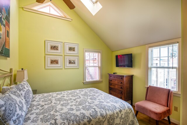 351A Commercial St Unit A1, Provincetown, MA 02657 - bedroom with a skylight, lofted ceiling, and ceiling fan