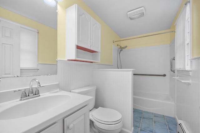 60 Covey Dr, Yarmouth Port, MA 02675 - full bathroom featuring vanity, a wainscoted wall, tile patterned floors, a baseboard heating unit, and toilet