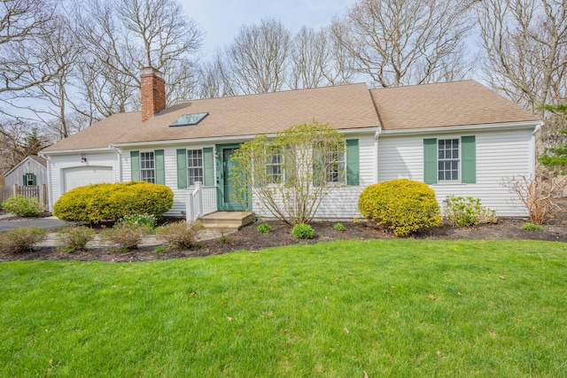 60 Covey Dr, Yarmouth Port, MA 02675 - single story home featuring a chimney, a shingled roof, a front yard, and a garage