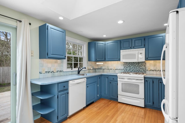 60 Covey Dr, Yarmouth Port, MA 02675 - kitchen featuring white appliances, light countertops, blue cabinetry, and light wood-style floors