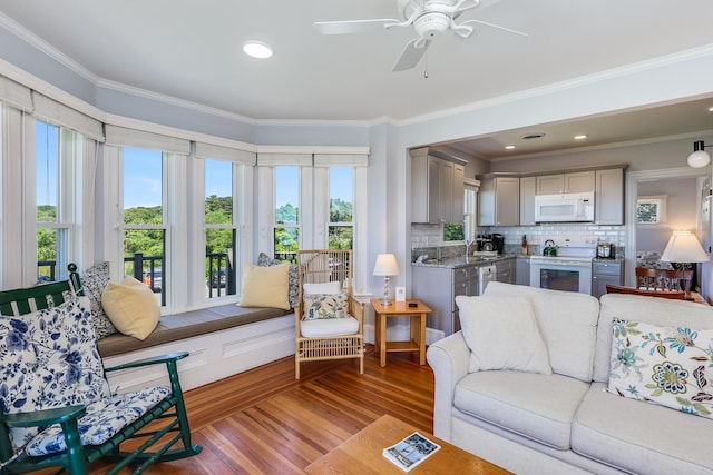 living room featuring ceiling fan, sink, hardwood / wood-style floors, and crown molding