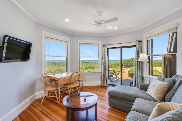 living room with light hardwood / wood-style floors, ornamental molding, and ceiling fan