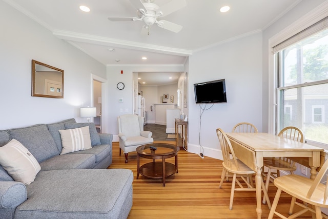 living room with light wood-type flooring, ceiling fan, and crown molding