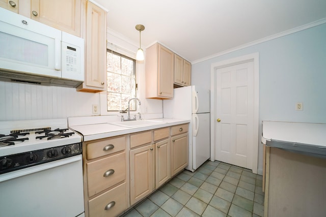 kitchen featuring light brown cabinets, white appliances, a sink, light countertops, and ornamental molding