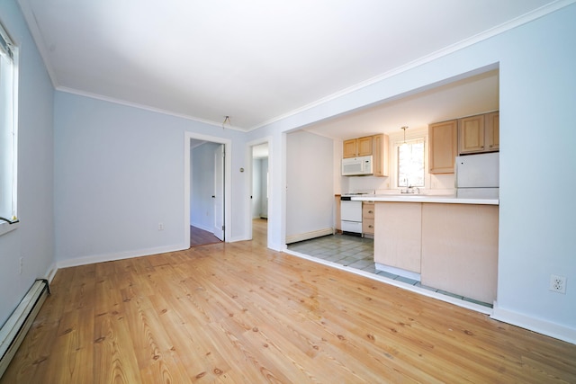 unfurnished living room featuring light wood finished floors, a baseboard radiator, ornamental molding, and baseboards