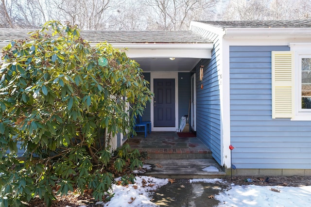 entrance to property featuring a shingled roof