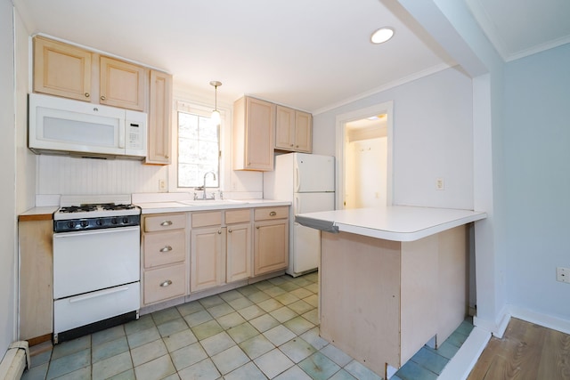 kitchen featuring white appliances, a peninsula, crown molding, light brown cabinets, and a sink