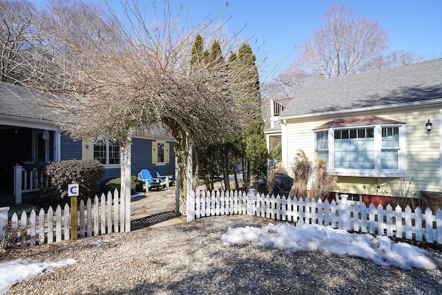 view of home's exterior featuring a fenced front yard and roof with shingles