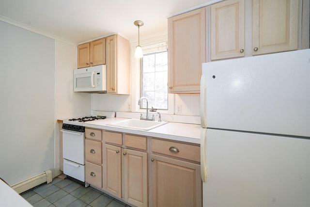 kitchen featuring white appliances, light countertops, light brown cabinets, a baseboard heating unit, and a sink