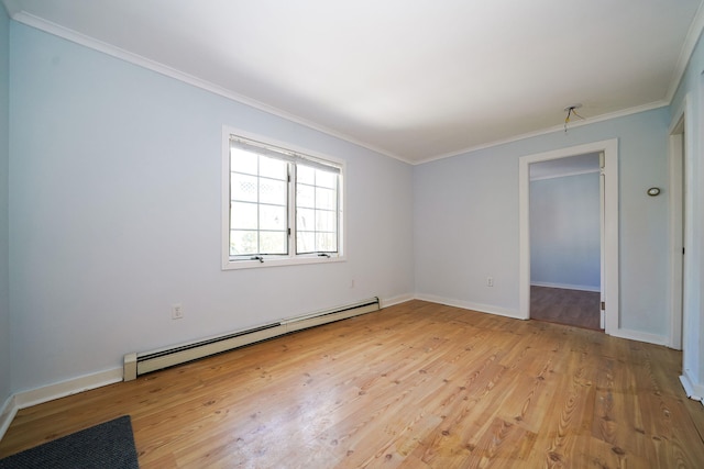 unfurnished room with light wood-style floors, a baseboard radiator, crown molding, and baseboards