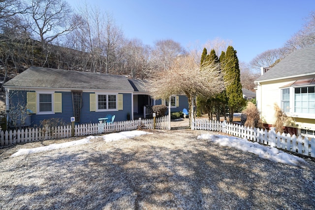single story home with a fenced front yard