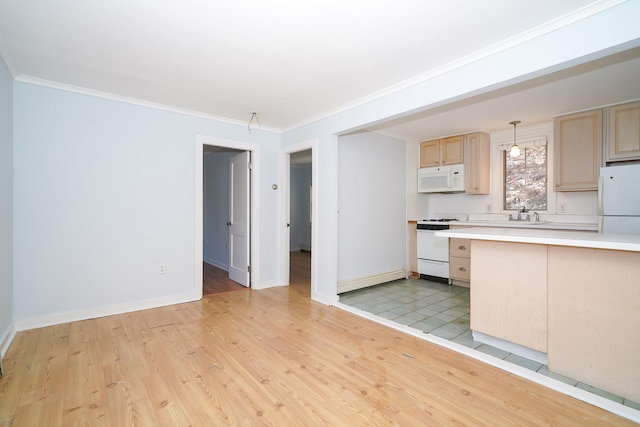 kitchen featuring white appliances, light wood-style flooring, light countertops, crown molding, and light brown cabinetry