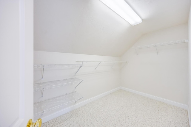 walk in closet with vaulted ceiling and carpet flooring