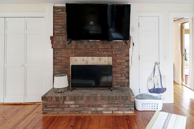 room details with a fireplace, hardwood / wood-style floors, and ornamental molding