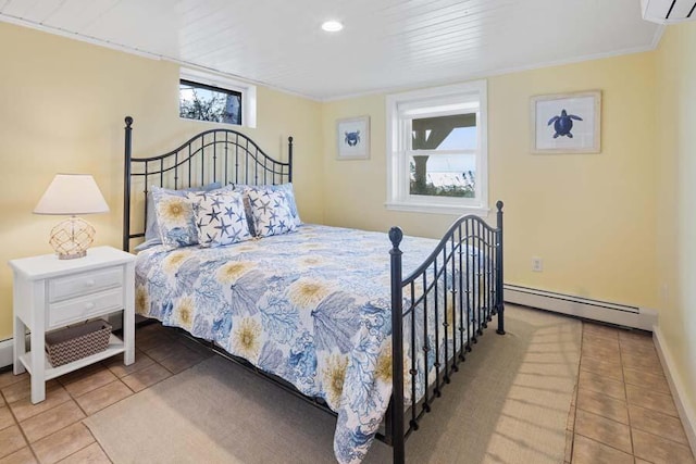 bedroom featuring a wall unit AC, a baseboard radiator, baseboards, and tile patterned floors