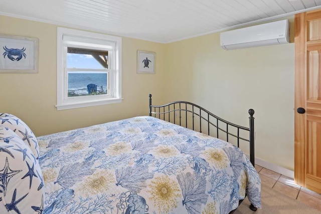 tiled bedroom featuring baseboards, a wall unit AC, wooden ceiling, and crown molding