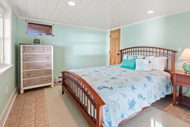 bedroom featuring a baseboard radiator, recessed lighting, tile patterned flooring, wooden ceiling, and baseboards