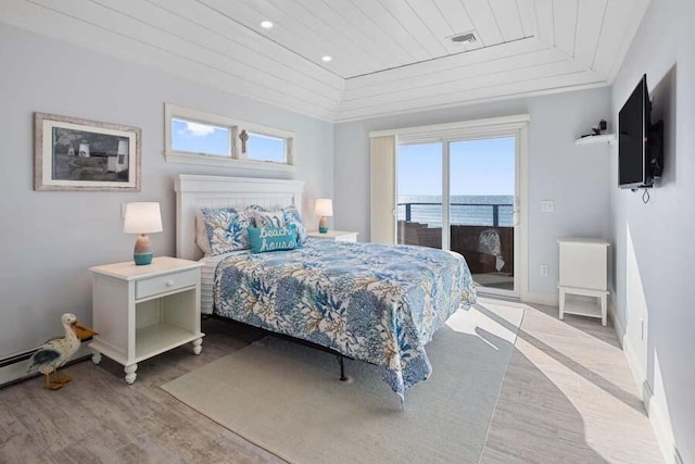 bedroom with access to exterior, recessed lighting, visible vents, wood finished floors, and wooden ceiling