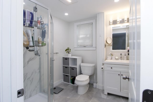 72 Grove St, Hyannis, MA 02601 - bathroom featuring a marble finish shower, vanity, tile patterned flooring, and recessed lighting