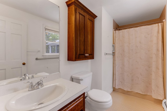 100 Potonumecot Rd, Chatham, MA 02633 - full bathroom with vanity, baseboard heating, toilet, curtained shower, and baseboards