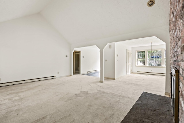 154 Cotuit Bay Dr, Cotuit, MA 02635 - unfurnished living room with baseboard heating, carpet, a fireplace, high vaulted ceiling, and a baseboard heating unit