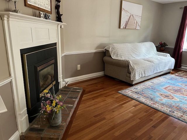 living area featuring a fireplace and dark wood-type flooring