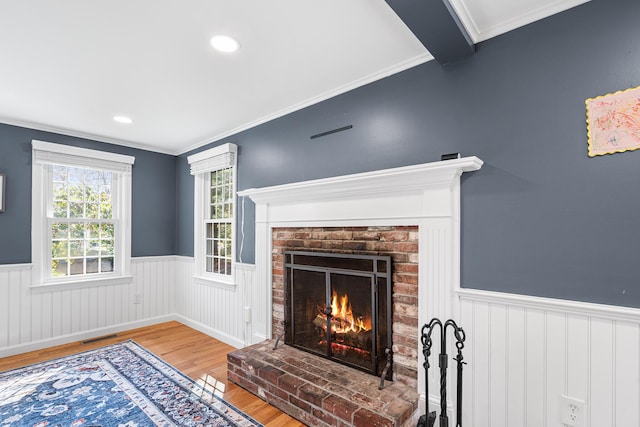 13 Old Fields Rd, Sandwich, MA 02563 - living room featuring wood finished floors, a wainscoted wall, a fireplace, and crown molding