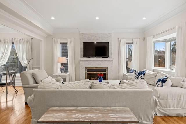 21 Priscilla Alden Rd Ua, Unit Ua, Provincetown, MA 02657 - living area featuring a large fireplace, crown molding, wood finished floors, and recessed lighting