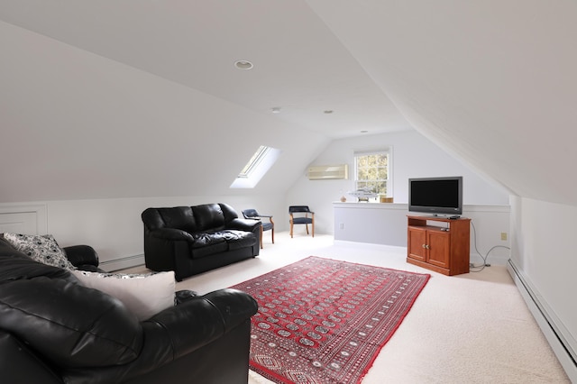 174 Little River Rd, Cotuit, MA 02635 - living area featuring baseboard heating, light carpet, a skylight, lofted ceiling, and a wall unit AC