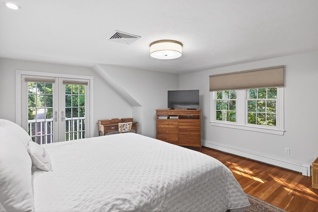 72 River Rd, Marstons Mills, MA 02648 - bedroom featuring a baseboard radiator, access to exterior, dark wood finished floors, and french doors