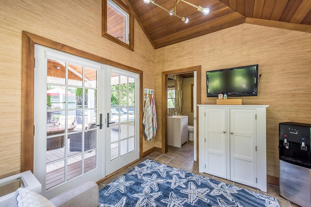72 River Rd, Marstons Mills, MA 02648 - doorway to outside featuring vaulted ceiling, wood ceiling, and french doors