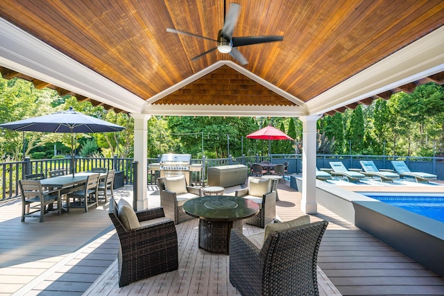 72 River Rd, Marstons Mills, MA 02648 - view of patio featuring outdoor dining area, a wooden deck, and ceiling fan