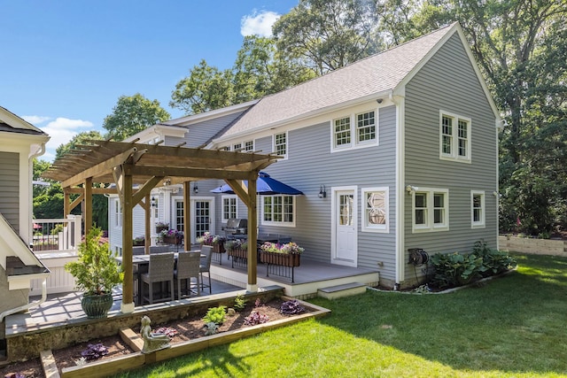 72 River Rd, Marstons Mills, MA 02648 - back of property with a pergola, a yard, a deck, and outdoor dining area