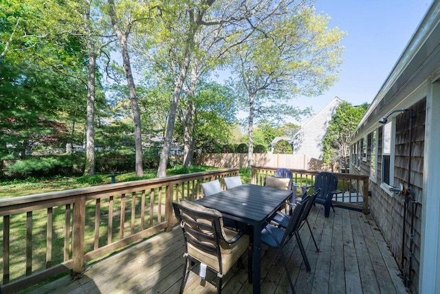 wooden terrace featuring outdoor dining area and a fenced backyard